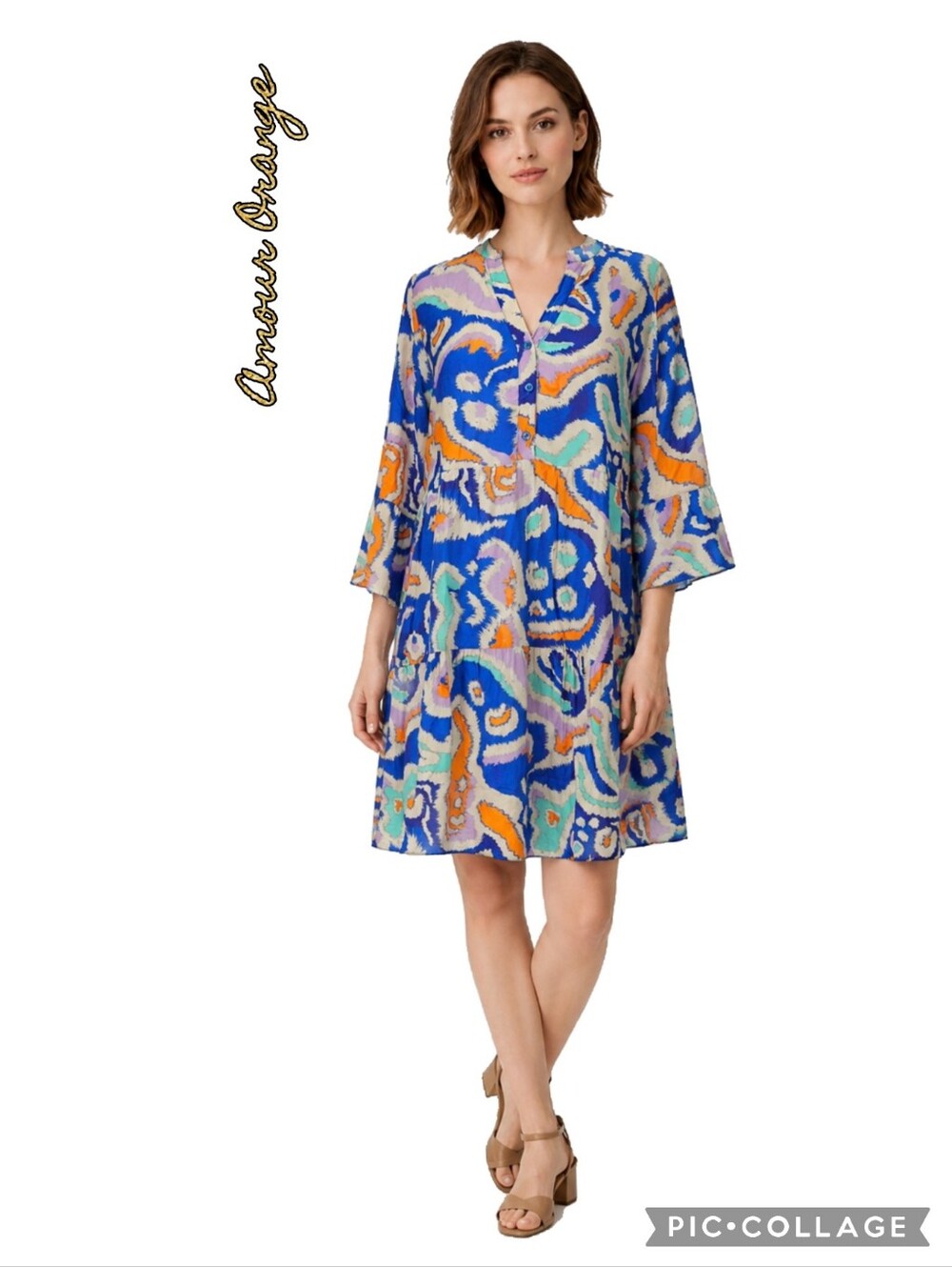 Amour Orange dress multicolor abstract print, bell sleeves, 2 gathered tiers